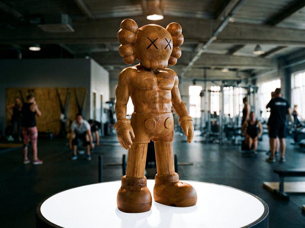 Muskulöse Holzskulptur – Fitnessstudio- & Fitness-Kunstdekoration