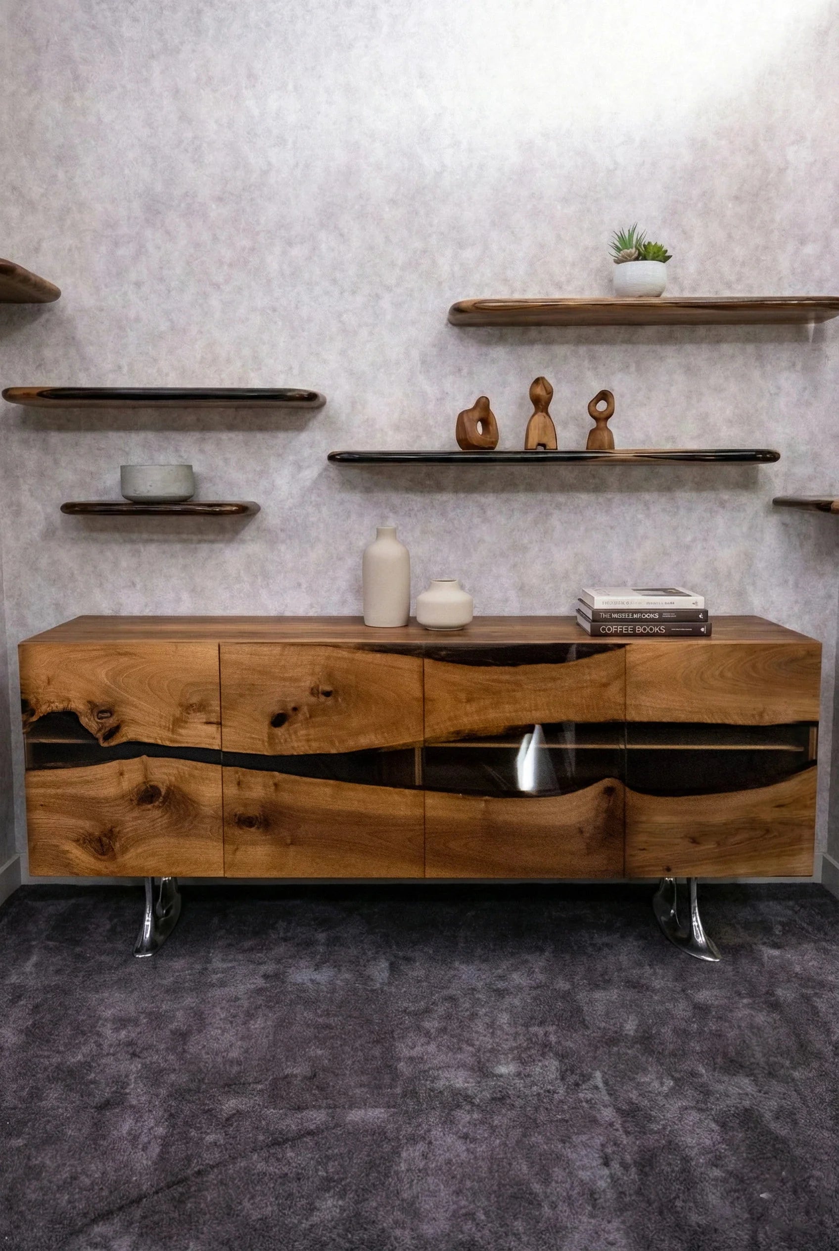 Luxuriöser D-förmiger Chefschreibtisch aus Nussbaumholz und Epoxidharz