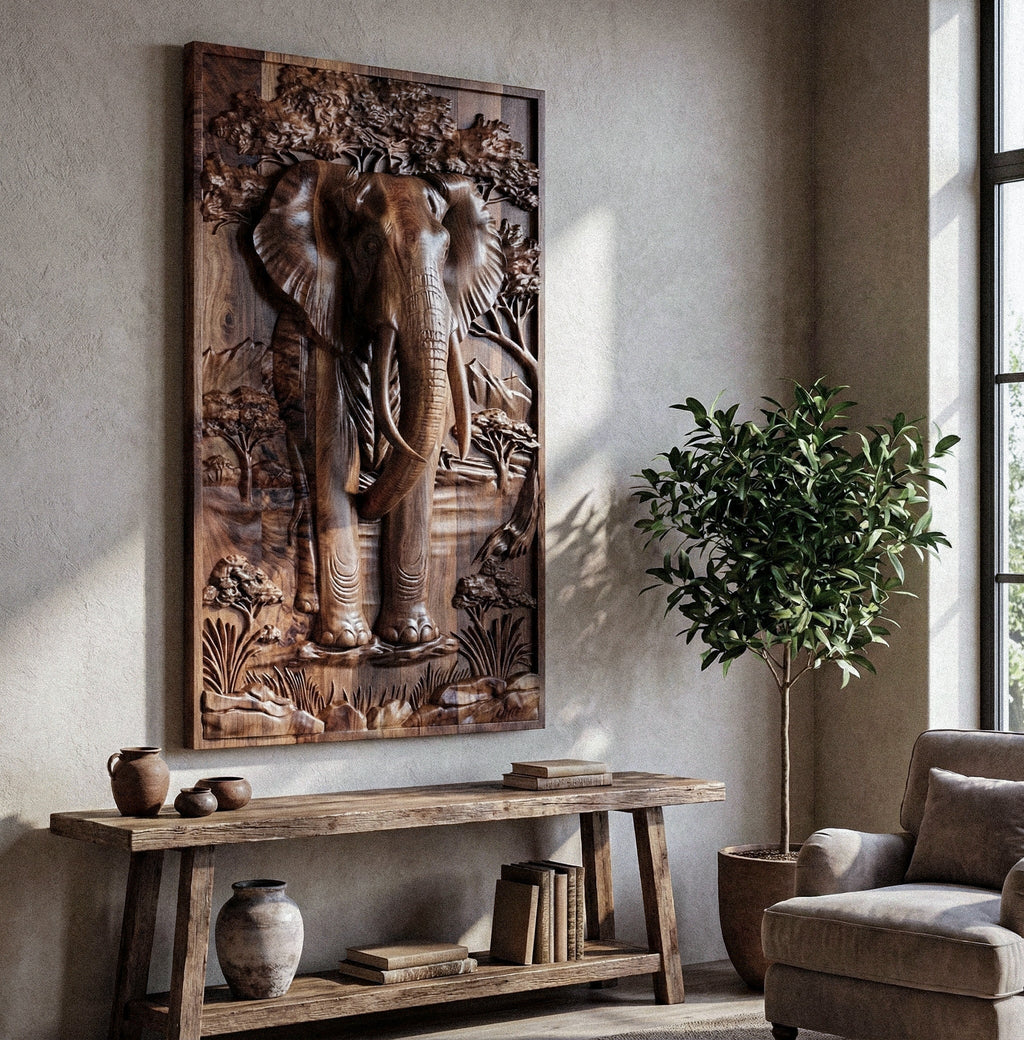 Majestätischer Afrikanischer Elefant 3D Relief Wandkunst aus Holz