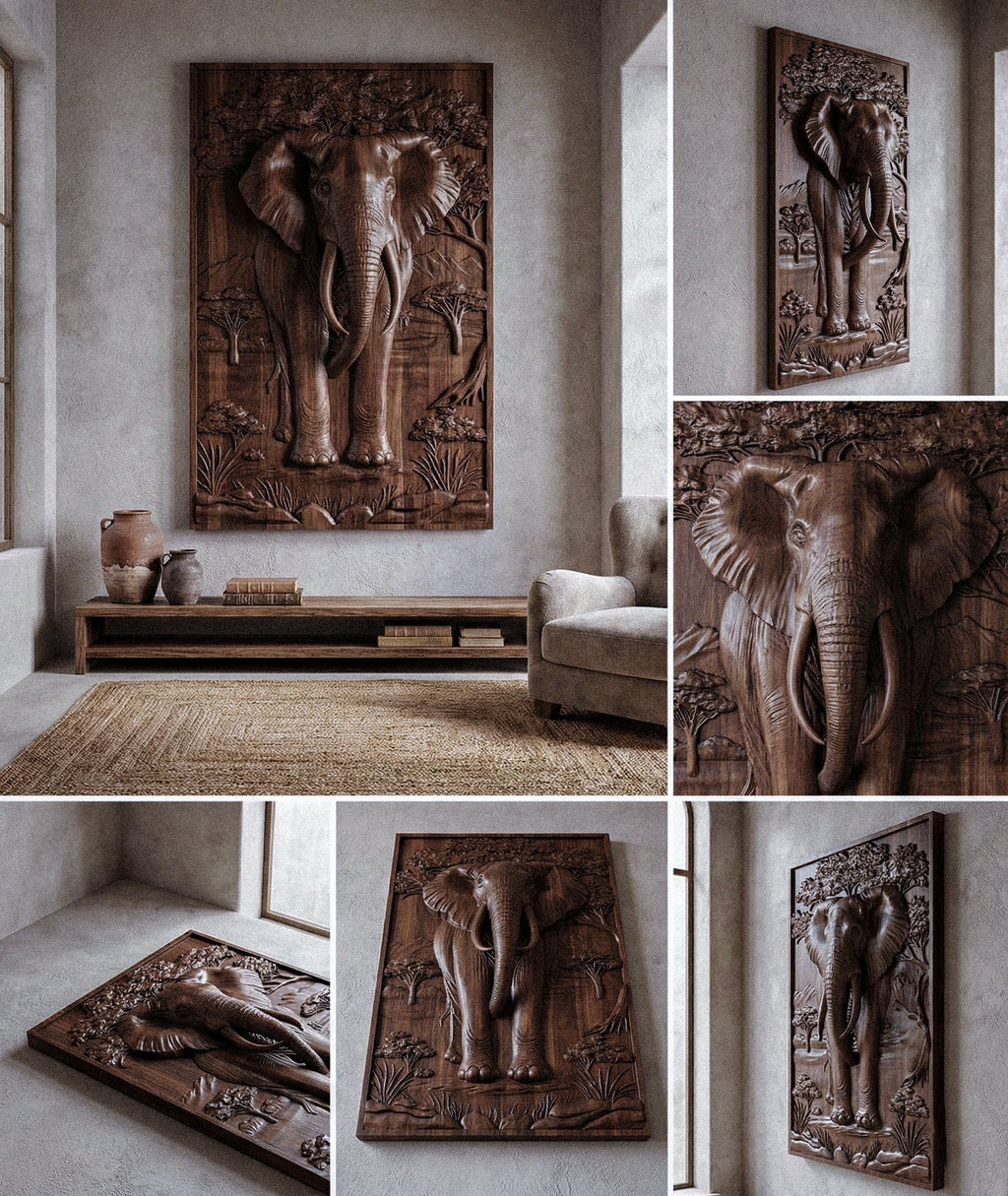 Majestätischer Afrikanischer Elefant 3D Relief Wandkunst aus Holz