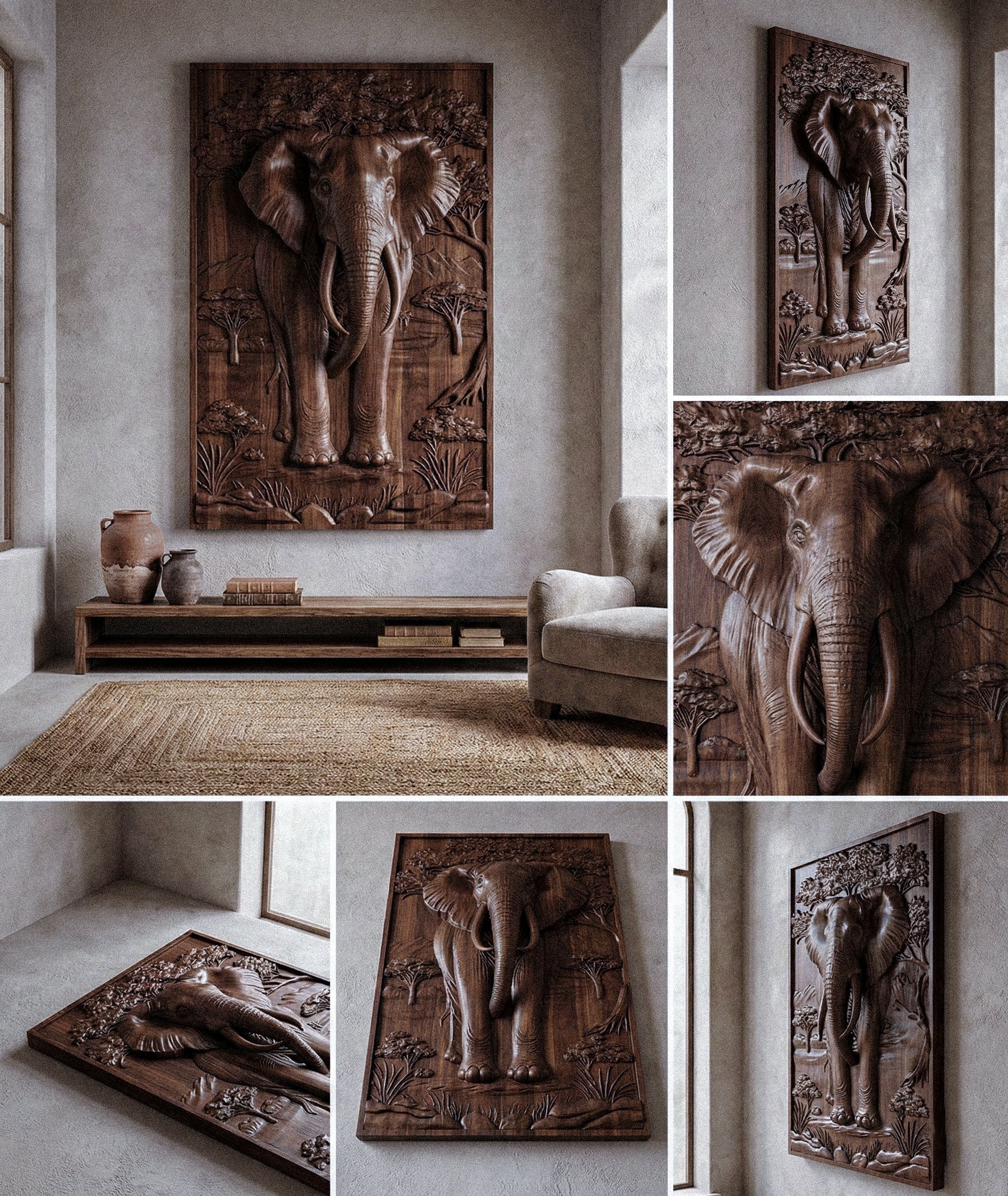 Majestätischer Afrikanischer Elefant 3D Relief Wandkunst aus Holz