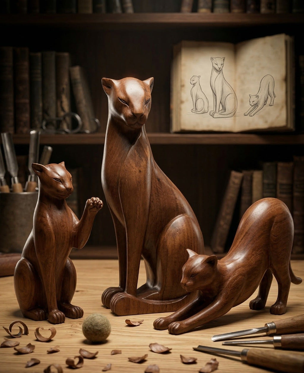 Holzfigur einer Wildkatze