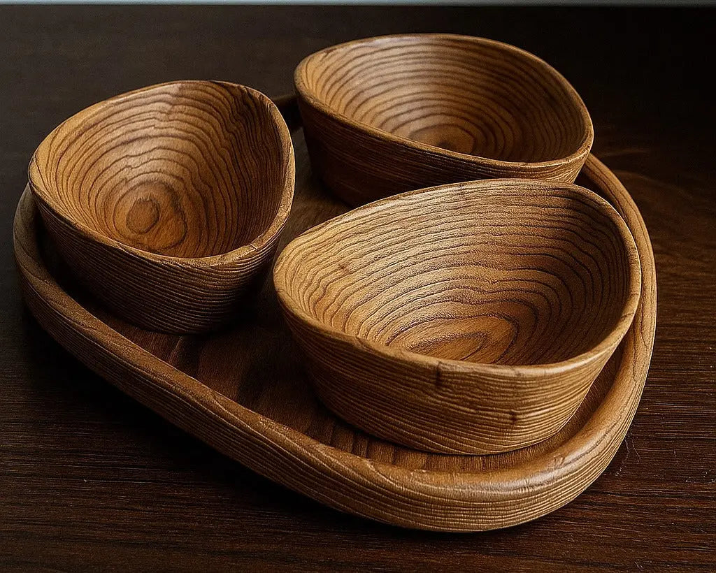 Handgefertigtes luxuriöses Nussschalen-Set aus Holz mit Tablett