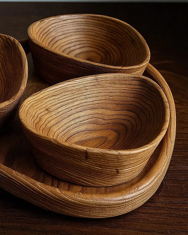 Handgefertigtes luxuriöses Nussschalen-Set aus Holz mit Tablett