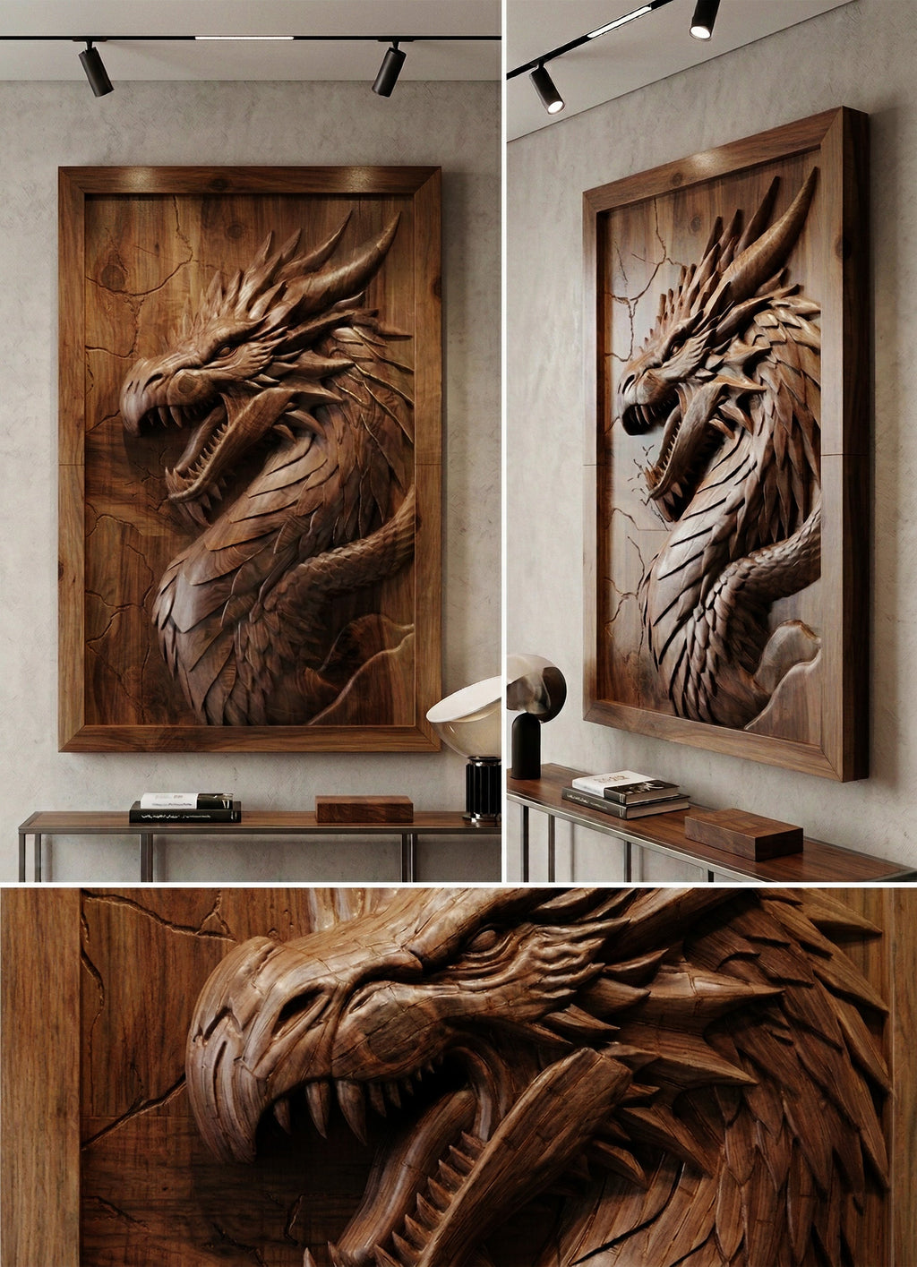 3D Drachen Holzrelief | Luxuriöse Wandkunst-Dekoration