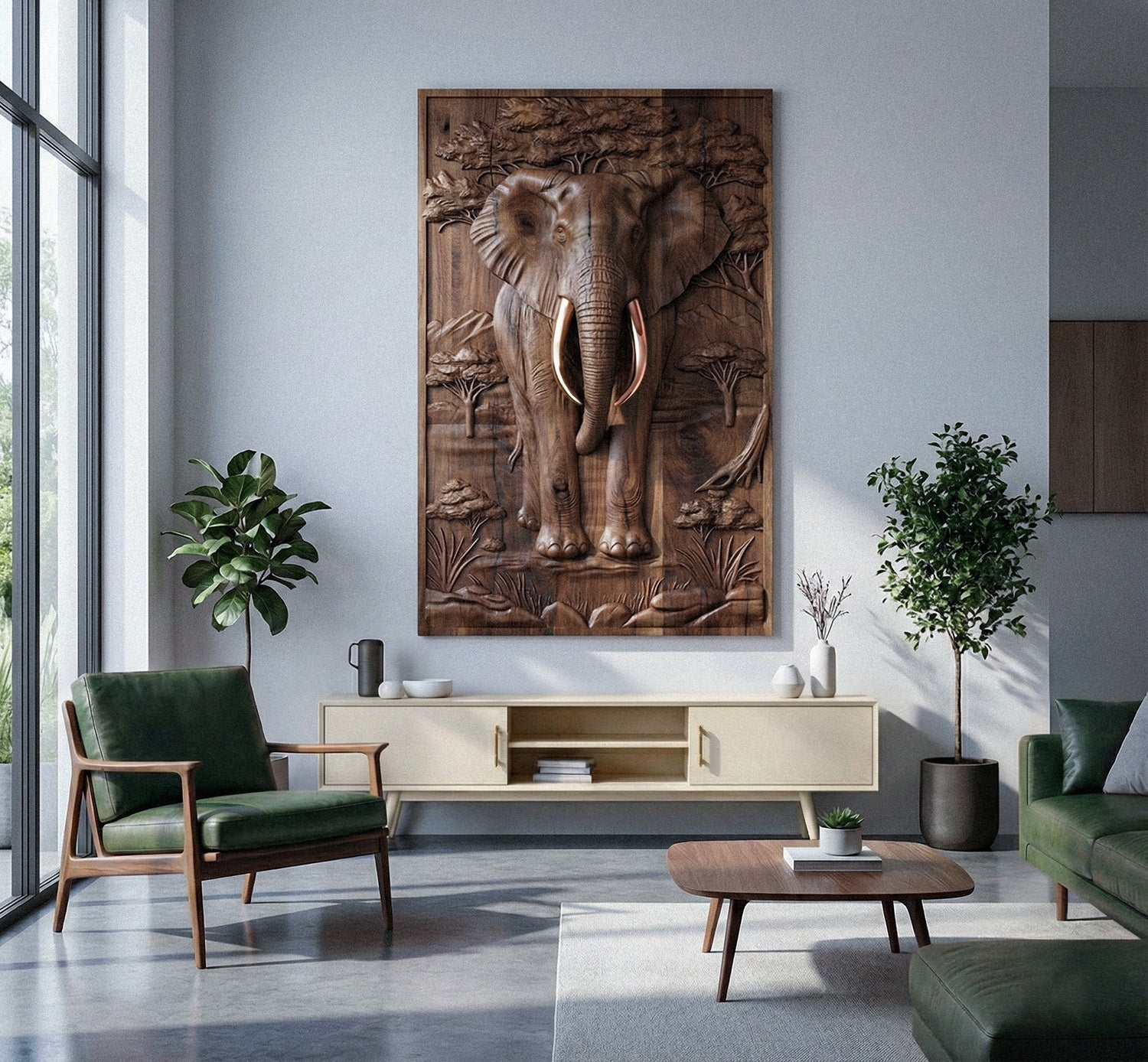 Majestätischer Afrikanischer Elefant 3D Relief Wandkunst aus Holz