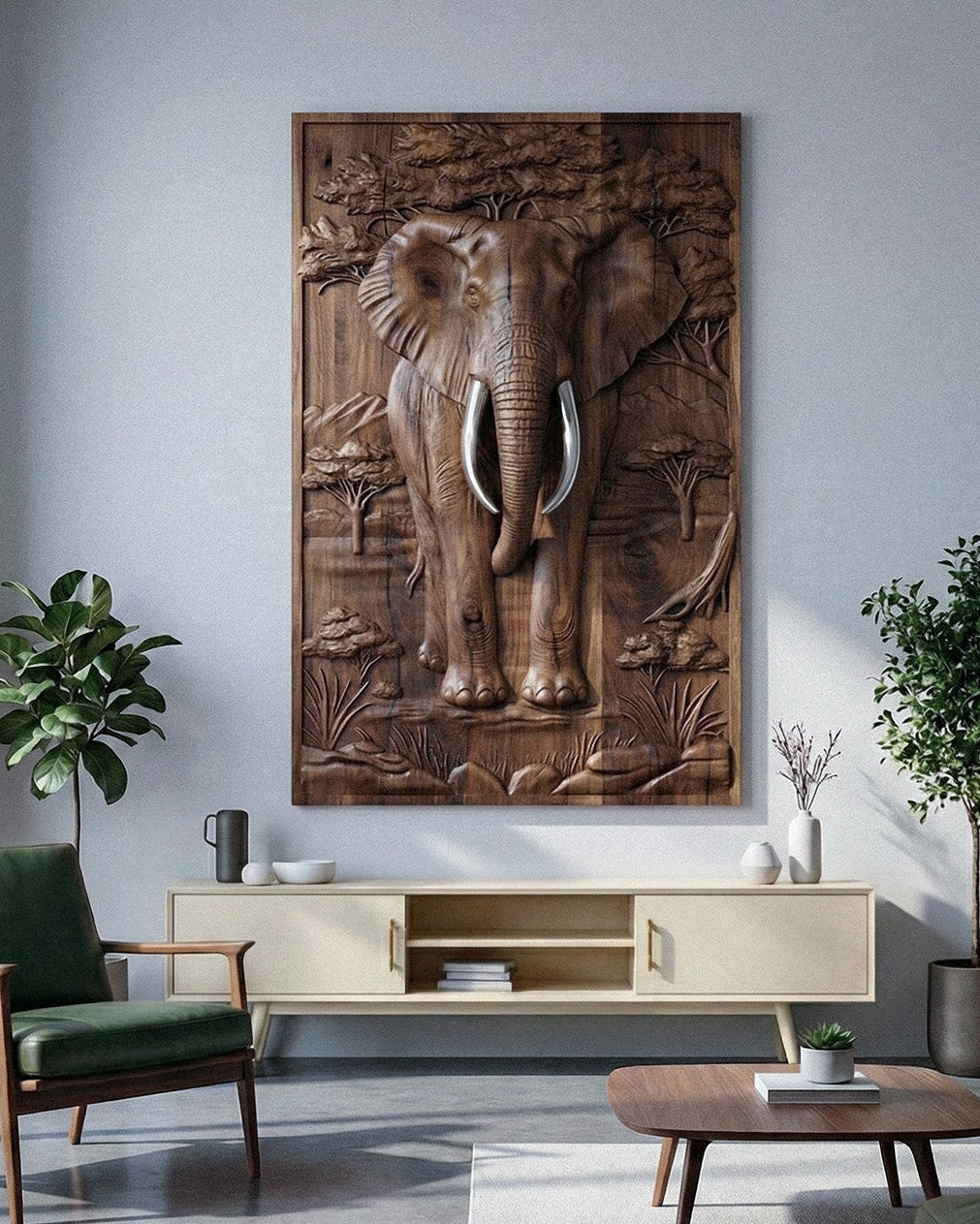 Majestätischer Afrikanischer Elefant 3D Relief Wandkunst aus Holz