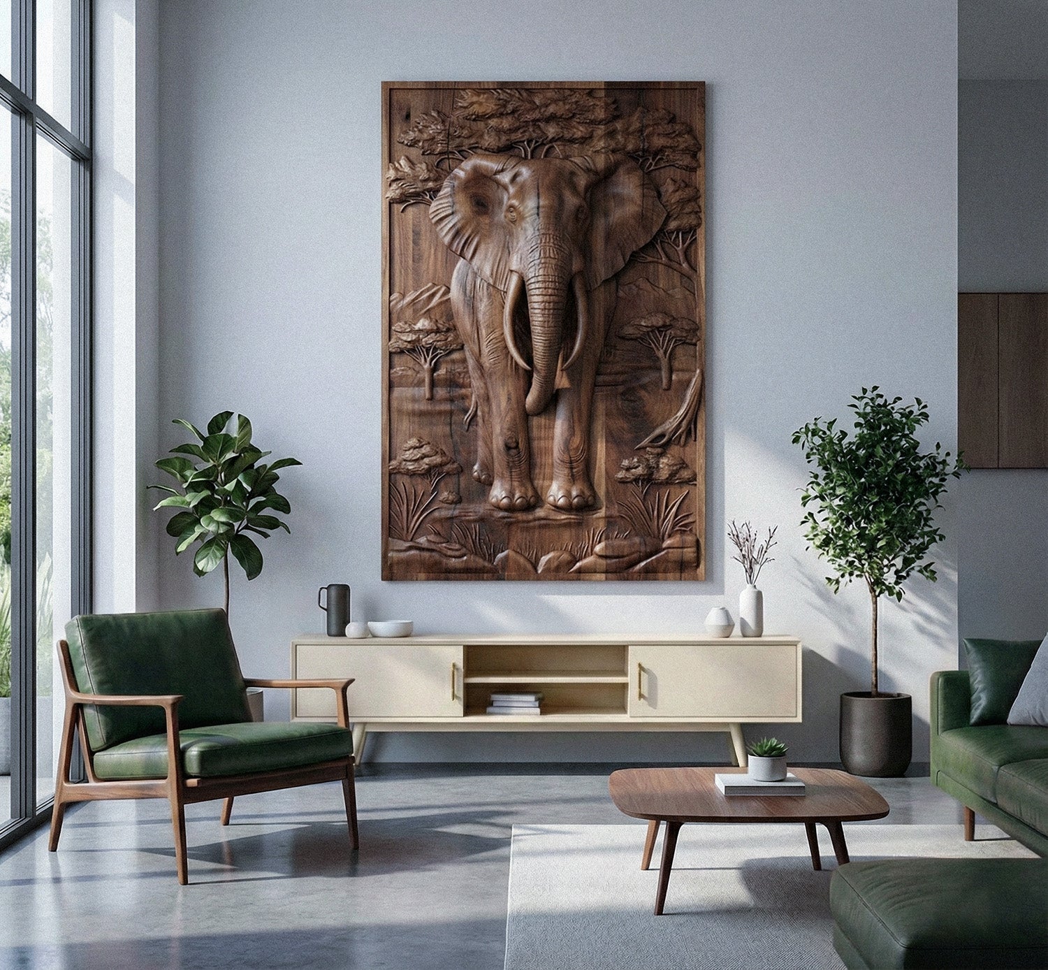 Majestätischer Afrikanischer Elefant 3D Relief Wandkunst aus Holz
